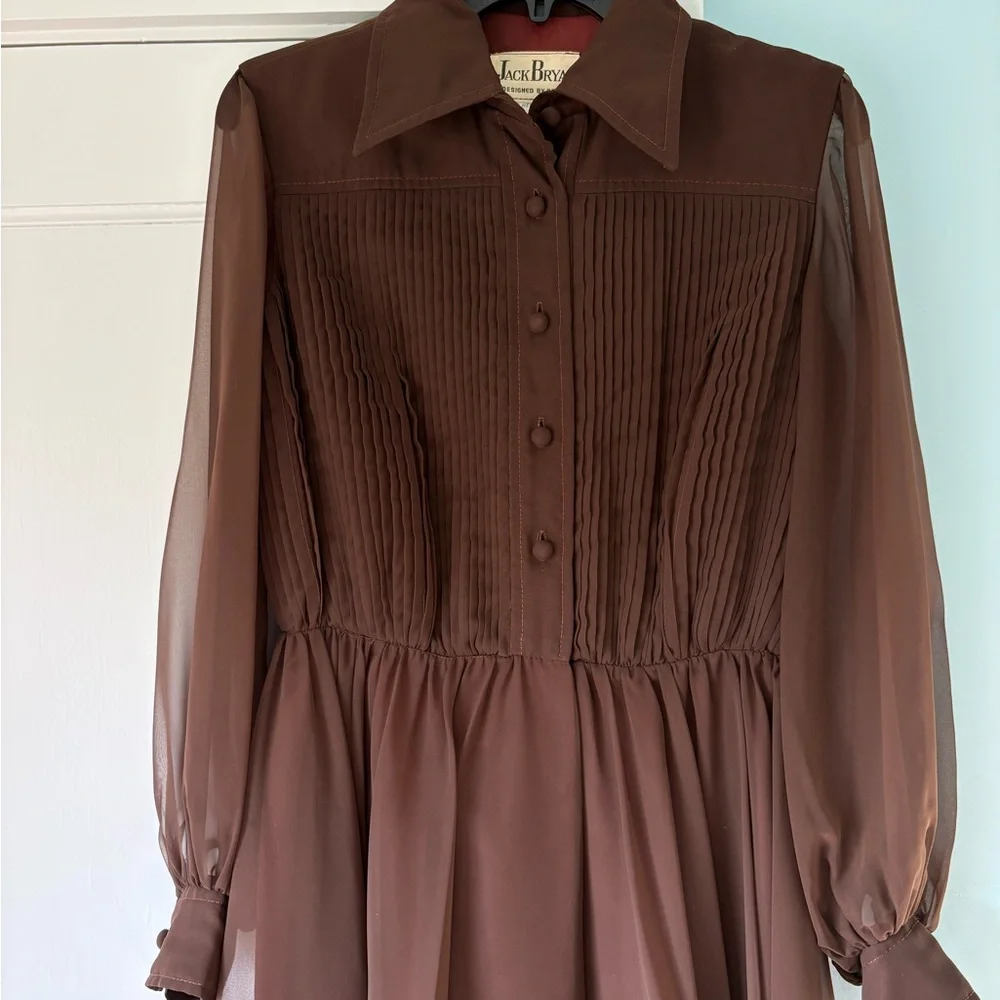 VTG 1960s Jack Bryan Chocolate Brown Pleated Chiffon Lantern Sleeve Midi Dress - Picture 2 of 9